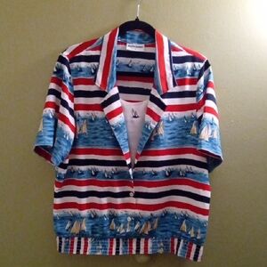 Womans 10 Alfred Dunner Nautical Red and Blue Short Sleeve Button Down Blouse
